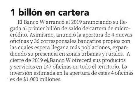 1 billón en cartera Banco W