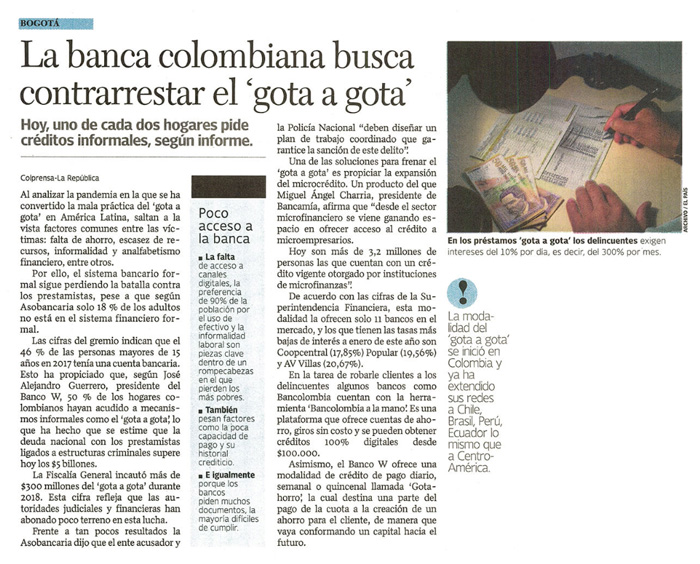 Banca colombiana busca contrarrestar el gota a gota