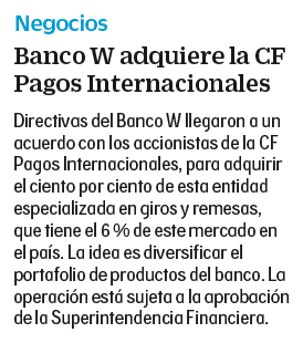 Banco W adquiere la CF Pagos Internacionales.
