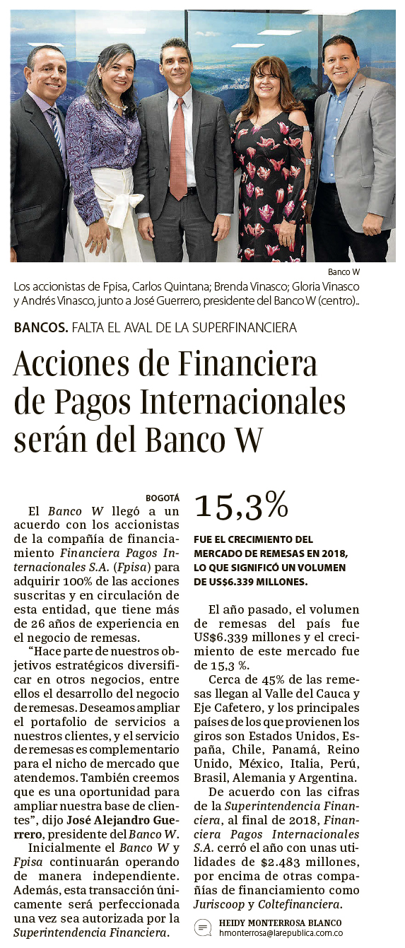 Acciones de Financiera de Pagos Internacionales serán del Banco W.