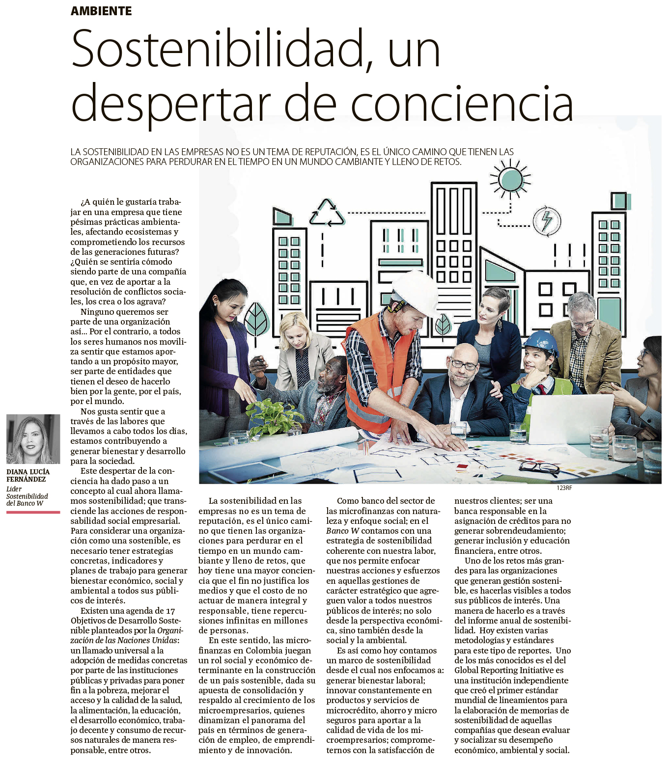 Sostenibilidad, un despertar de conciencia. Columna de opinión escrita por Diana Lucía Fernández, Jefe de Comunicaciones del Banco W.