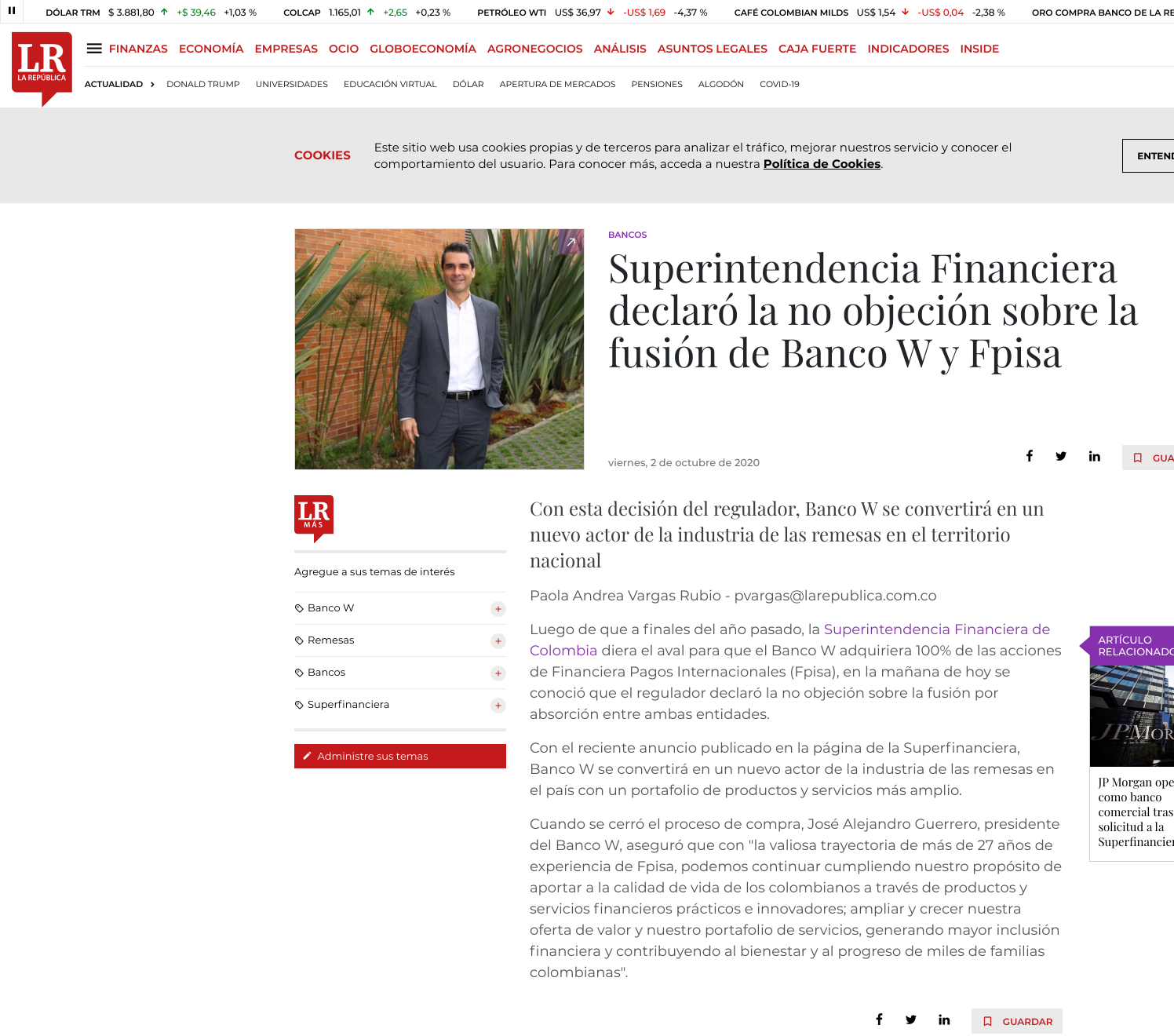 Superintendencia Financiera declaró la no objeción sobre la fusión de Banco W y Fpisa.