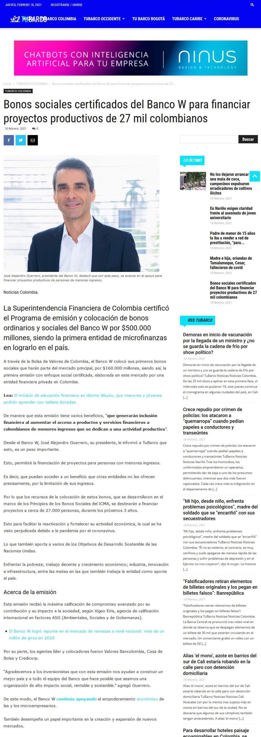 Bonos sociales certificados del Banco W para financiar proyectos productivos de 27 mil colombianos.