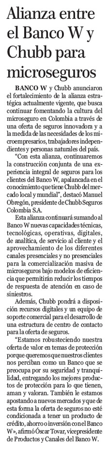 Alianza entre Banco W y Chubb para microseguros. destaca declaraciones de Oscar Tovar, VP de productos y Caneles.