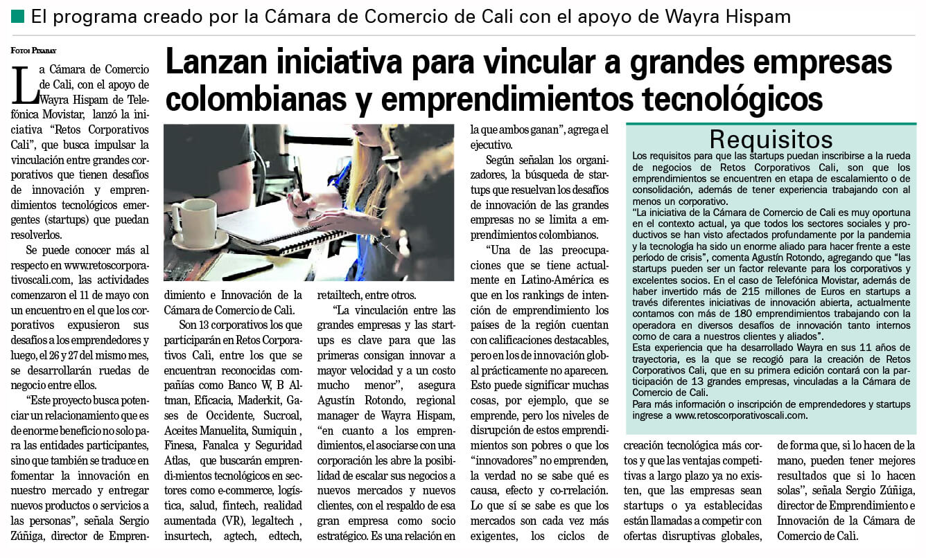 Lanzan iniciativa para vincular a grandes empresas colombianas y emprendimientos tecnológicos. Se destaca la participación del Banco W en la iniciativa ‘Retos corporativos Cali’.