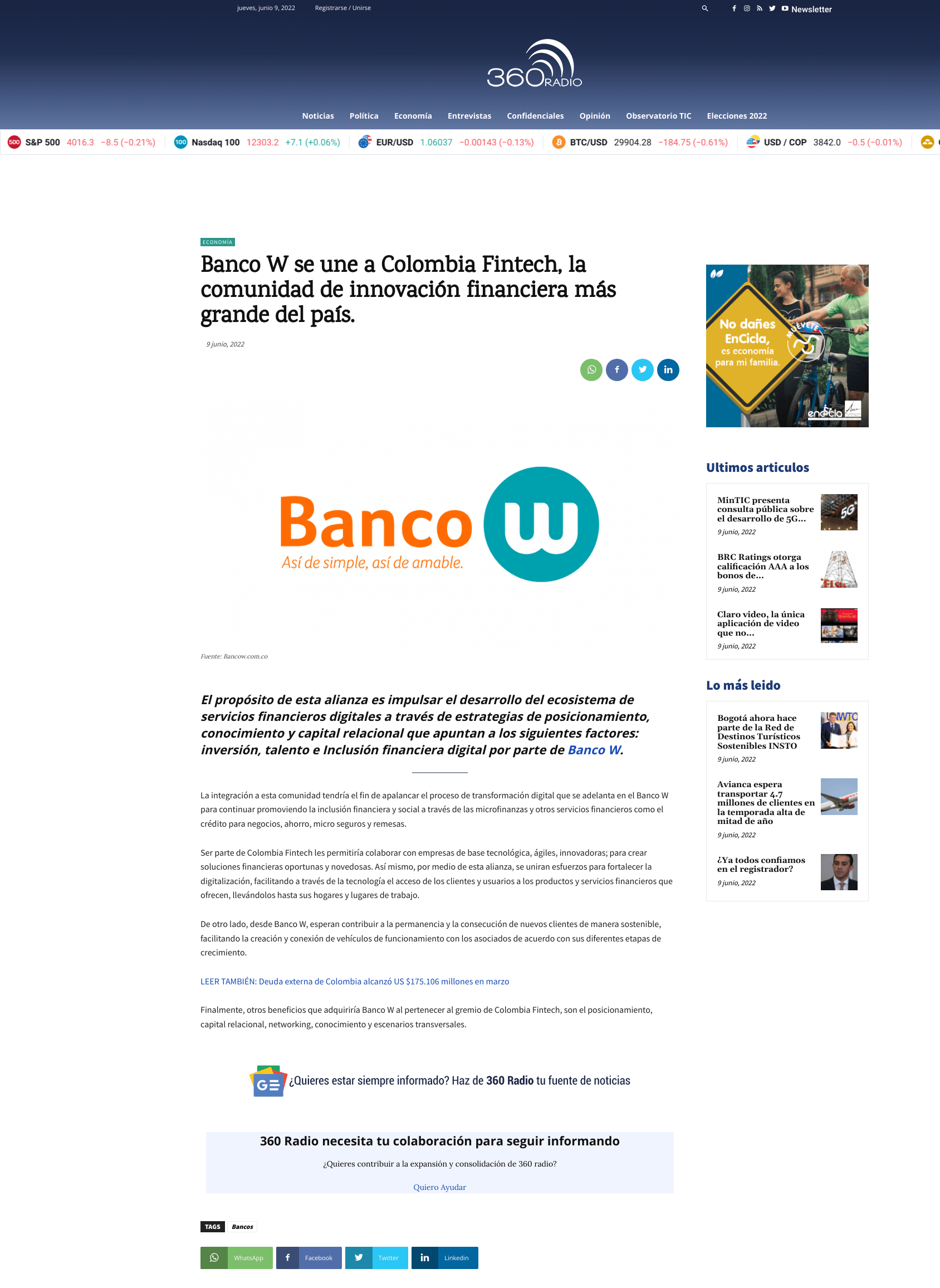 Banco W se une a Colombia Fintech, la comunidad de innovación financiera más grande del país.