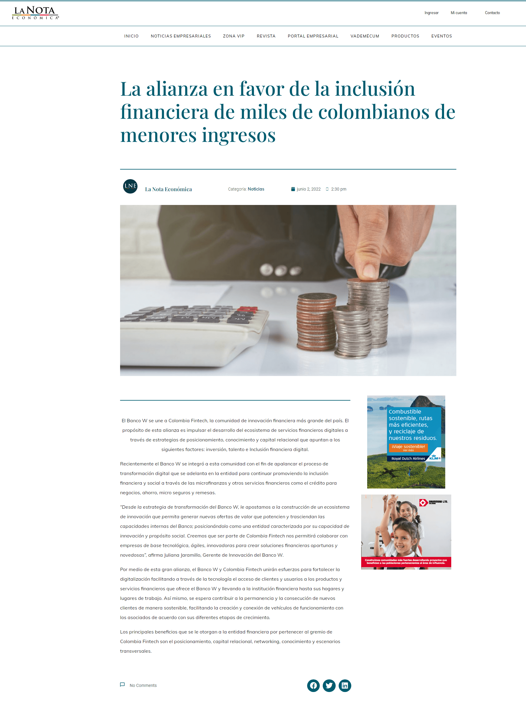 La alianza en favor de la inclusión financiera de miles de colombianos de menos ingresos. Se destaca el ingreso del Banco W a Colombia Fintech.