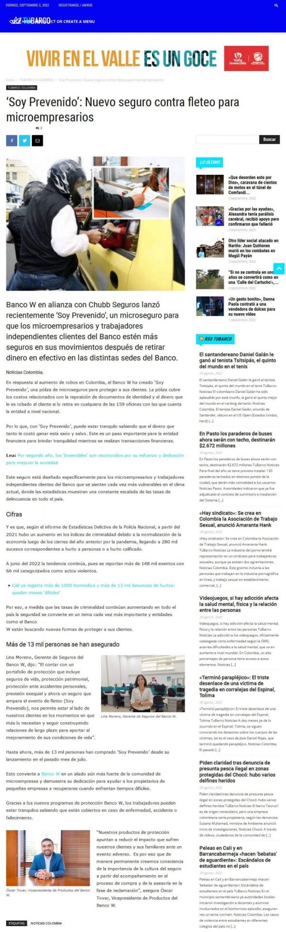 Soy prevenido’: nuevo seguro contra fleteo para microempresarios. Se destaca declaraciones de Lina Moreno y de Óscar Tovar, Gerente de Seguros y Vicepresidente de Producto y Canales del Banco W, respectivamente.